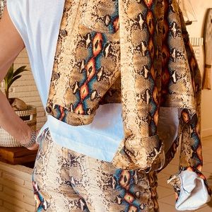 This is a denim, snake print, French set of a jacket, and a pair of jeans.